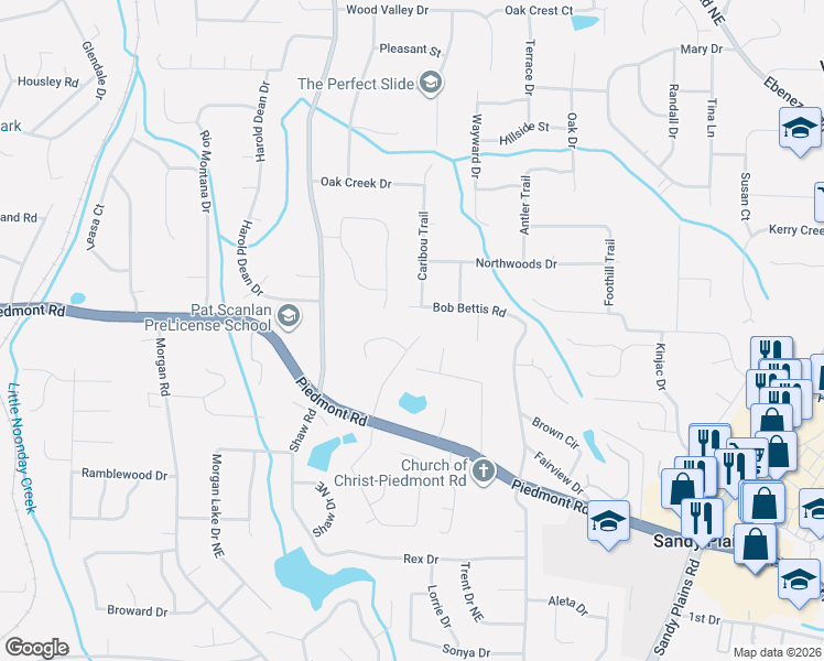 map of restaurants, bars, coffee shops, grocery stores, and more near 2185 Waldrop Road in Marietta