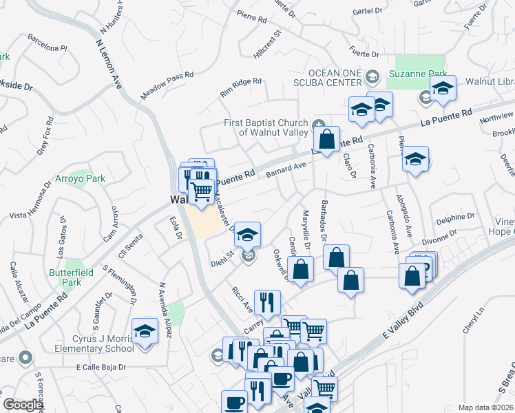 map of restaurants, bars, coffee shops, grocery stores, and more near 20315 Via Thomas Drive in Walnut