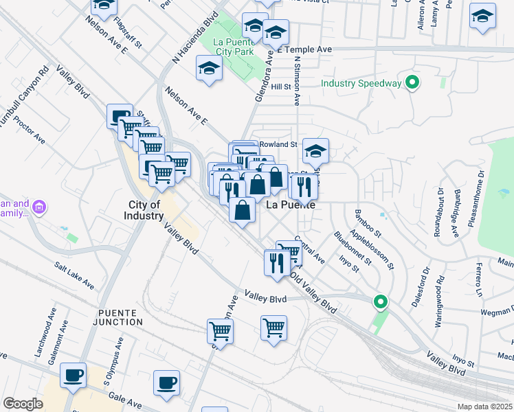 map of restaurants, bars, coffee shops, grocery stores, and more near 15907 Main Street in La Puente