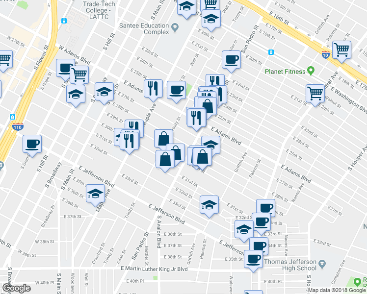 map of restaurants, bars, coffee shops, grocery stores, and more near 640 East 28th Street in Los Angeles