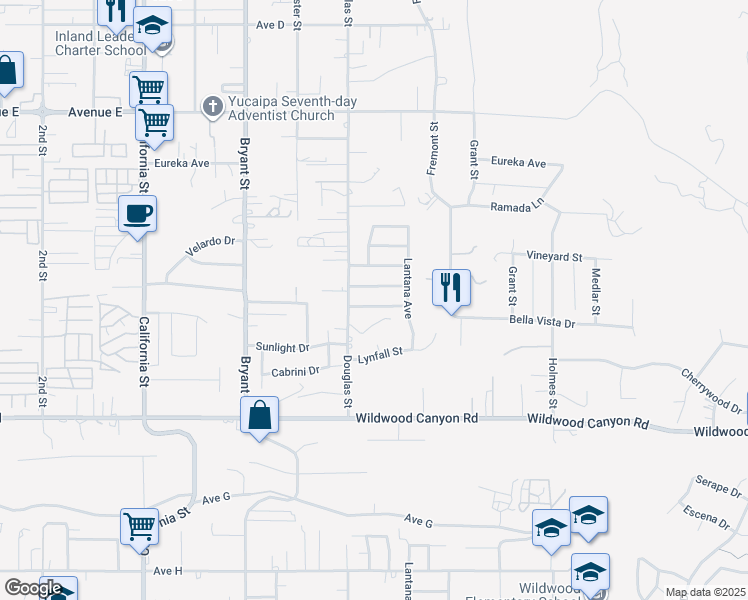 map of restaurants, bars, coffee shops, grocery stores, and more near 35550 Bella Vista Drive in Yucaipa