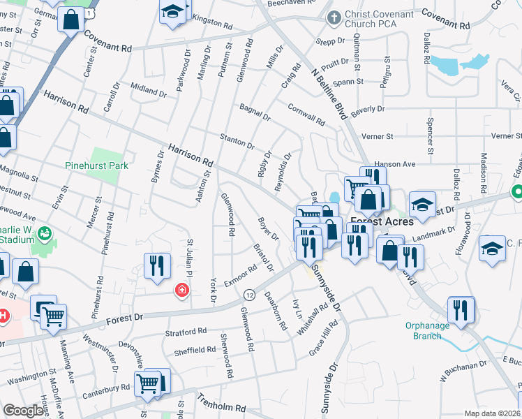 map of restaurants, bars, coffee shops, grocery stores, and more near 1822 Boyer Drive in Columbia