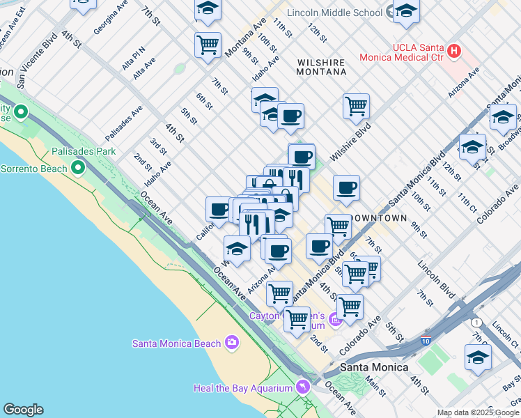 map of restaurants, bars, coffee shops, grocery stores, and more near 401 Wilshire Boulevard in Santa Monica