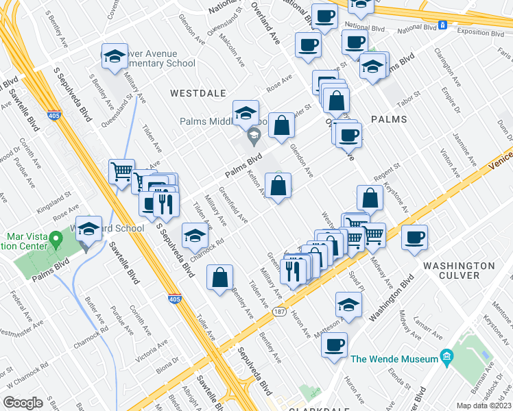map of restaurants, bars, coffee shops, grocery stores, and more near 3572 Veteran Avenue in Los Angeles