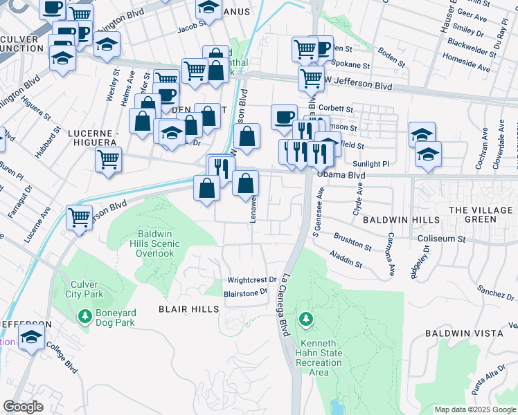map of restaurants, bars, coffee shops, grocery stores, and more near 3645 Kalsman Drive in Los Angeles