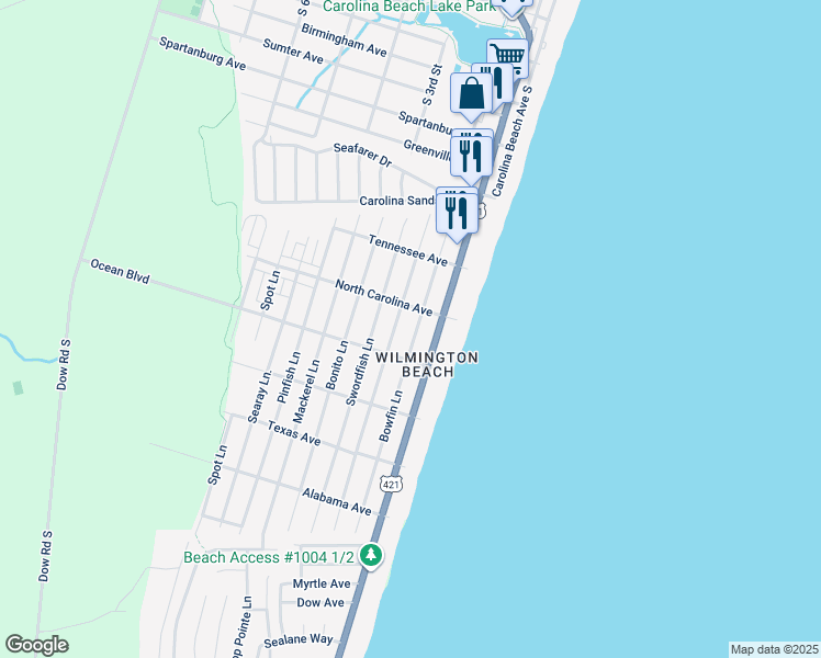 map of restaurants, bars, coffee shops, grocery stores, and more near 1310 Bowfin Lane in Carolina Beach