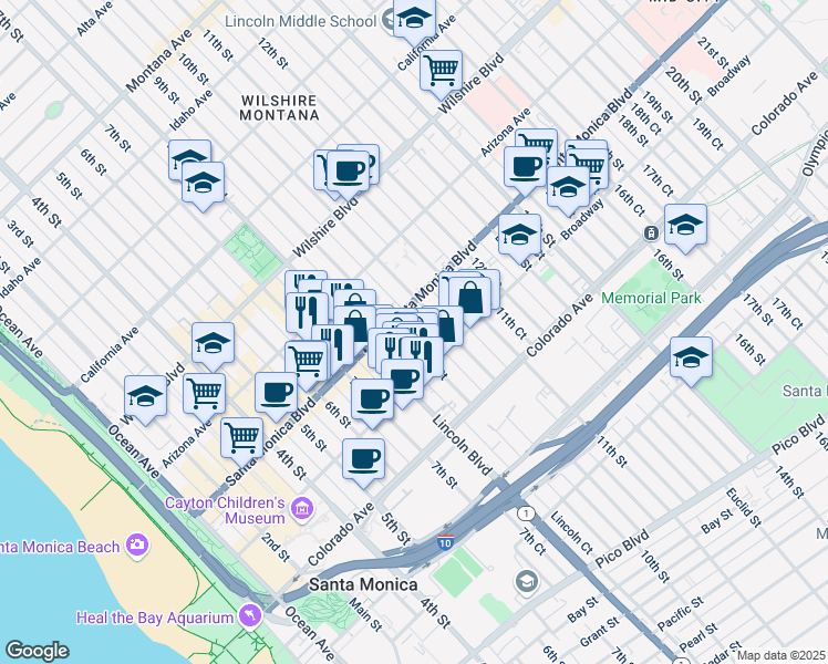map of restaurants, bars, coffee shops, grocery stores, and more near 1423 9th Street in Santa Monica
