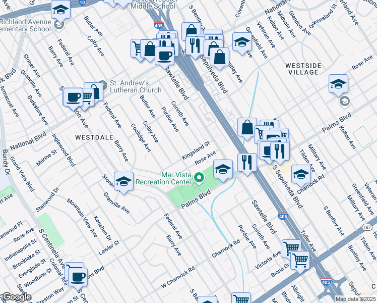 map of restaurants, bars, coffee shops, grocery stores, and more near 11409 Kingsland Street in Los Angeles