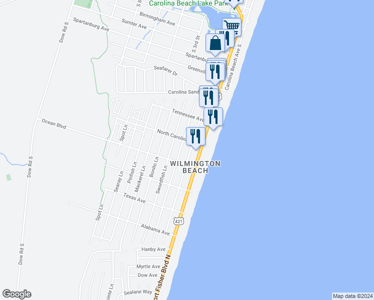 map of restaurants, bars, coffee shops, grocery stores, and more near 1310 Bowfin Lane in Carolina Beach