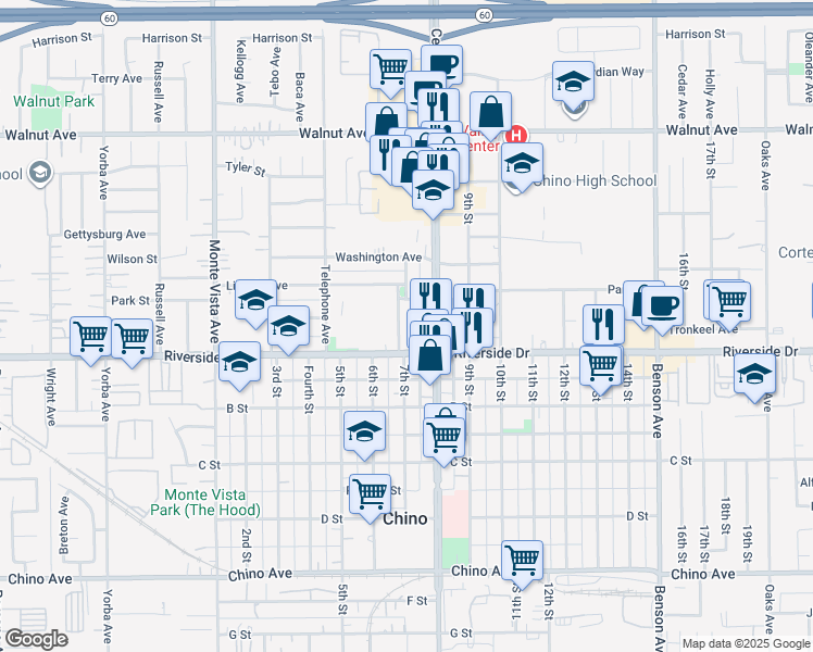 map of restaurants, bars, coffee shops, grocery stores, and more near 12845 7th Street in Chino