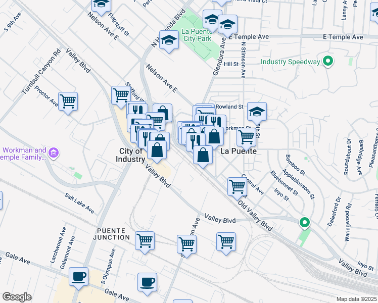 map of restaurants, bars, coffee shops, grocery stores, and more near 15800 Old Valley Boulevard in La Puente