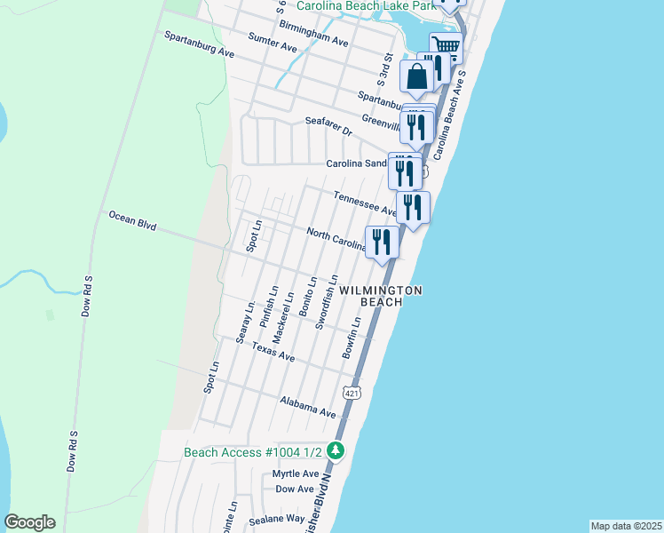 map of restaurants, bars, coffee shops, grocery stores, and more near 1316 Swordfish Lane in Carolina Beach