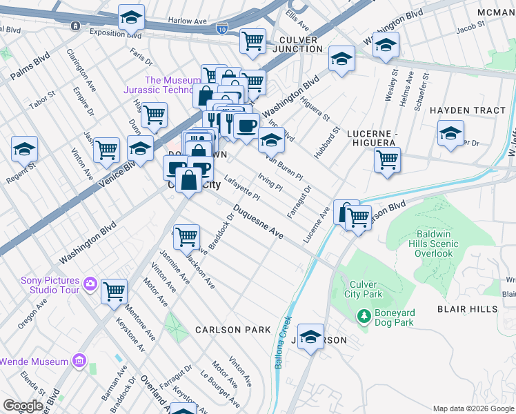 map of restaurants, bars, coffee shops, grocery stores, and more near 4135 Lafayette Place in Culver City
