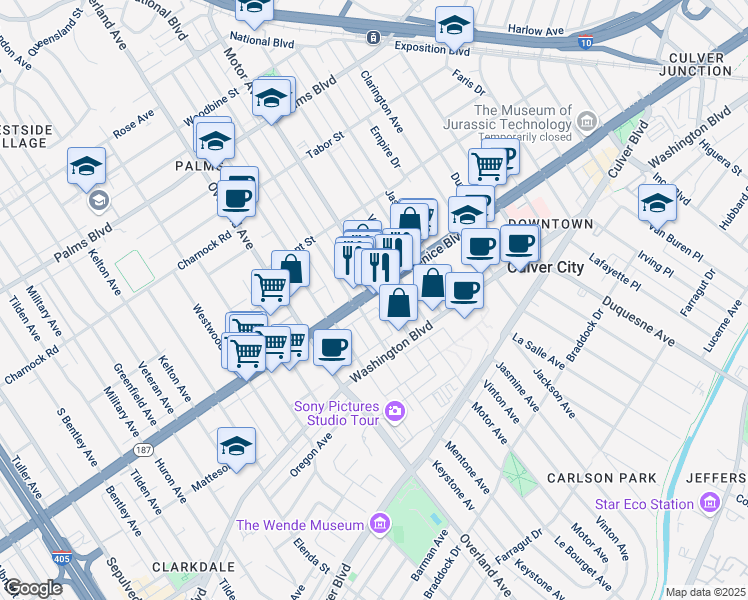 map of restaurants, bars, coffee shops, grocery stores, and more near 10410 Venice Boulevard in Culver City