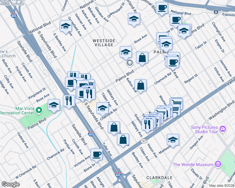 map of restaurants, bars, coffee shops, grocery stores, and more near 3543 Greenfield Avenue in Los Angeles