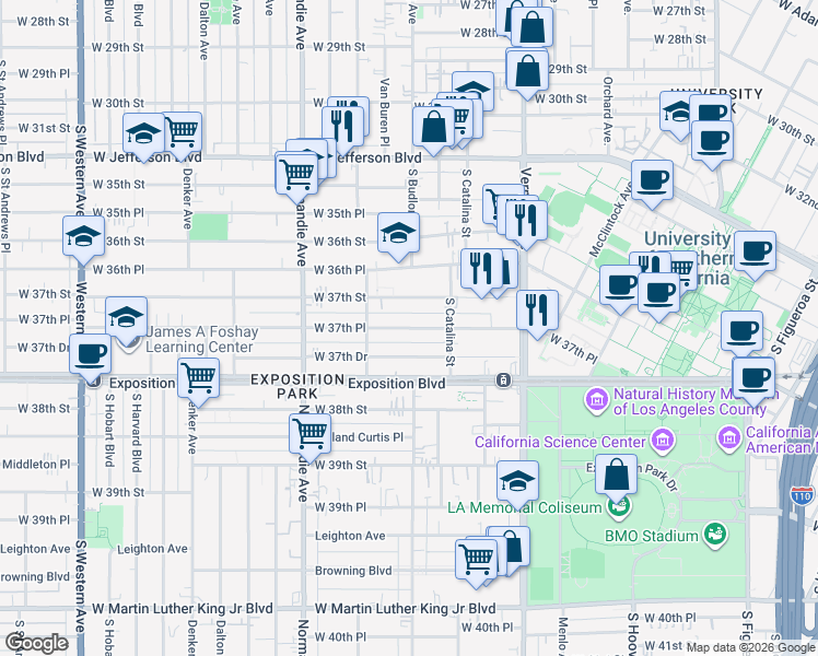map of restaurants, bars, coffee shops, grocery stores, and more near 1248 1/2 West 37th Place in Los Angeles