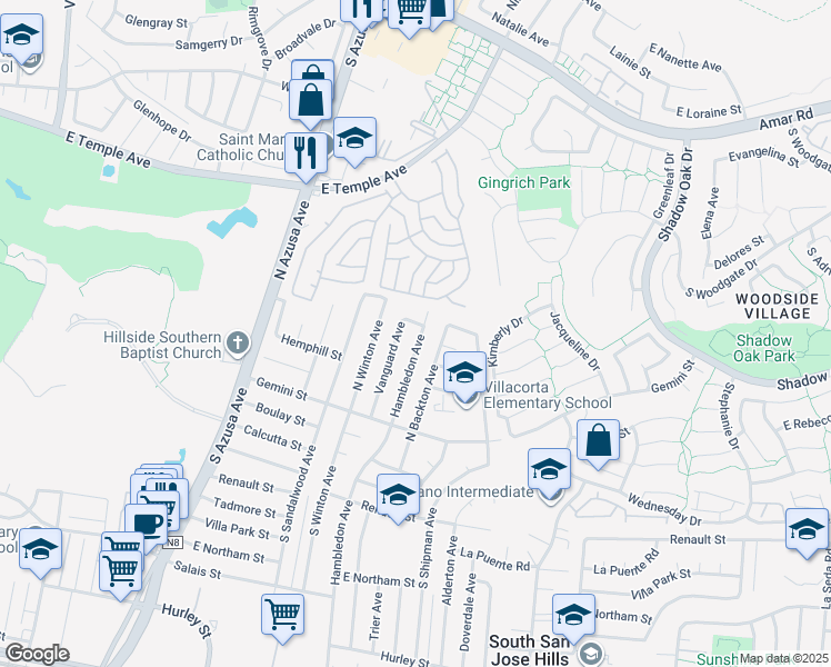 map of restaurants, bars, coffee shops, grocery stores, and more near 227 North Hambledon Avenue in La Puente