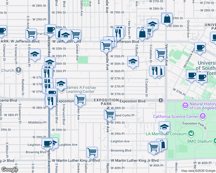 map of restaurants, bars, coffee shops, grocery stores, and more near S Normandie Ave & W 37th Pl in Los Angeles