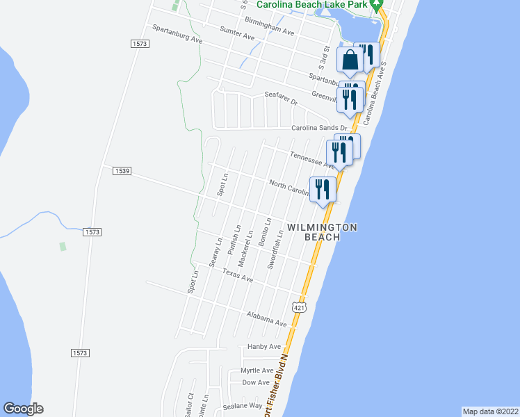 map of restaurants, bars, coffee shops, grocery stores, and more near 1319 Mackerel Lane in Carolina Beach
