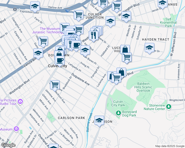 map of restaurants, bars, coffee shops, grocery stores, and more near 9627 Farragut Drive in Culver City
