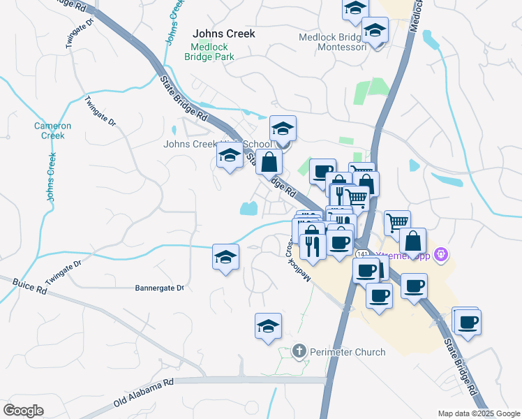 map of restaurants, bars, coffee shops, grocery stores, and more near 9780 Preswicke Point in Alpharetta