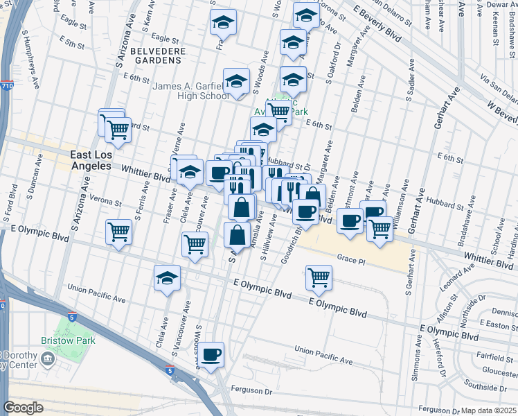map of restaurants, bars, coffee shops, grocery stores, and more near 5226 Whittier Boulevard in East Los Angeles