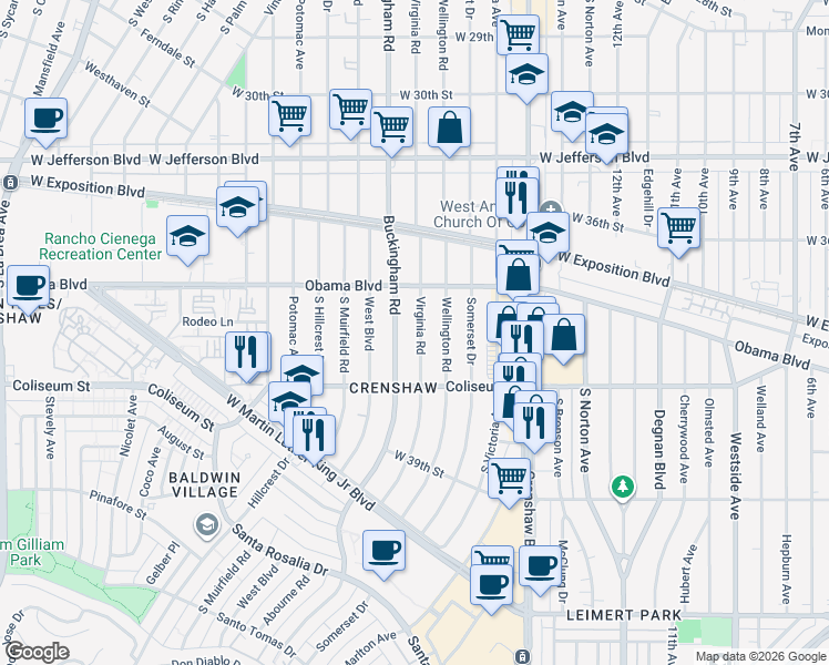 map of restaurants, bars, coffee shops, grocery stores, and more near 3699 Virginia Road in Los Angeles