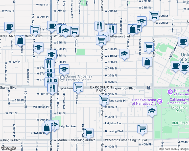 map of restaurants, bars, coffee shops, grocery stores, and more near 1453 West 37th Place in Los Angeles