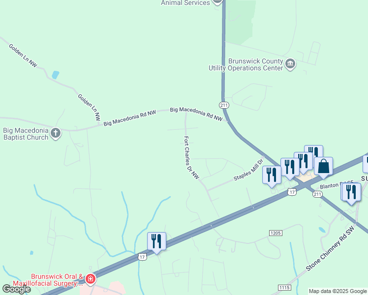 map of restaurants, bars, coffee shops, grocery stores, and more near 177 Fort Charles Drive Northwest in Brunswick County