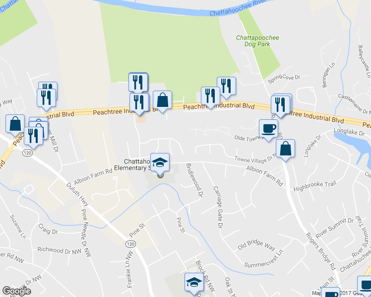 map of restaurants, bars, coffee shops, grocery stores, and more near 2537 Albion Farm Way in Duluth