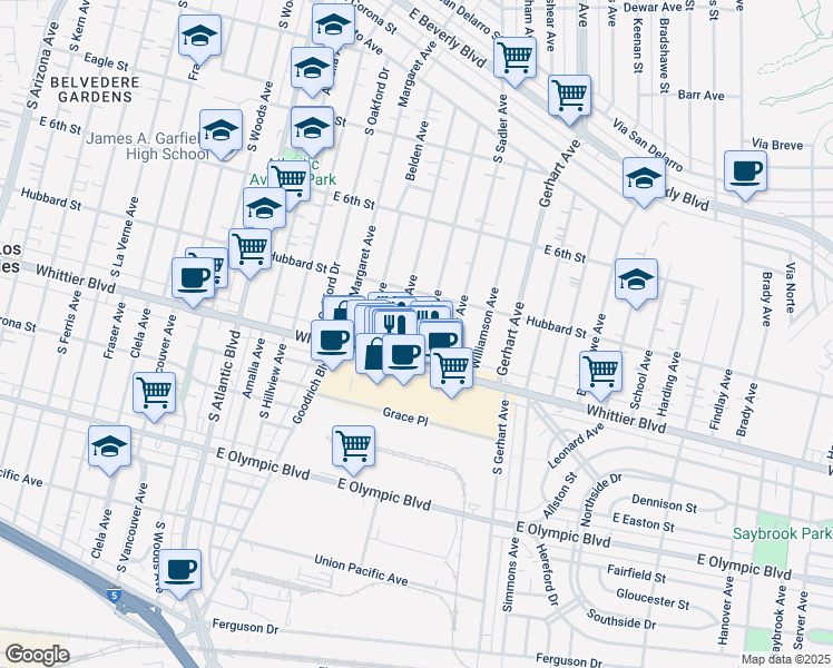 map of restaurants, bars, coffee shops, grocery stores, and more near 743 Hoefner Avenue in East Los Angeles