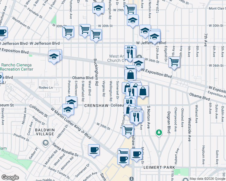 map of restaurants, bars, coffee shops, grocery stores, and more near 3698 Wellington Road in Los Angeles
