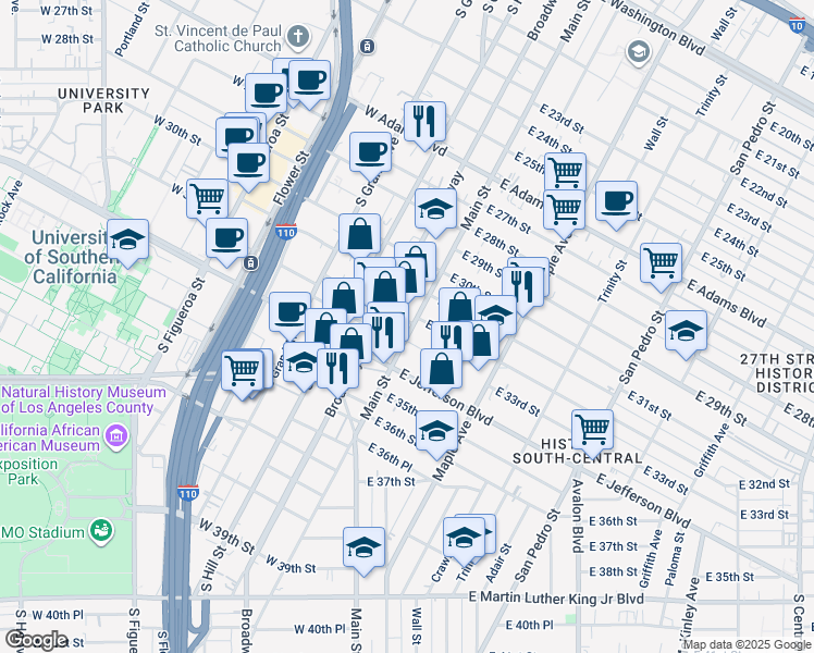 map of restaurants, bars, coffee shops, grocery stores, and more near 3201 South Main Street in Los Angeles