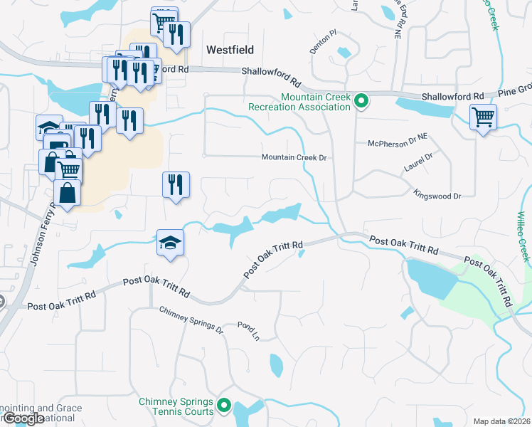 map of restaurants, bars, coffee shops, grocery stores, and more near 4643 Clary Lakes Drive in Roswell