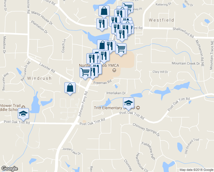 map of restaurants, bars, coffee shops, grocery stores, and more near 4290 Freeman Road in Marietta