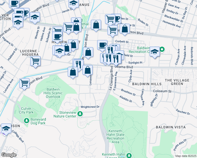 map of restaurants, bars, coffee shops, grocery stores, and more near 3644 Kalsman Drive in Los Angeles