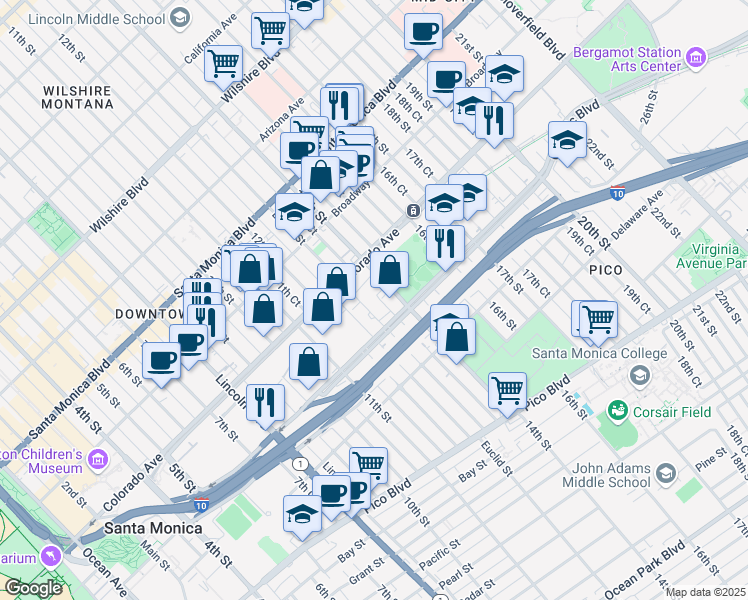 map of restaurants, bars, coffee shops, grocery stores, and more near 1645 Euclid Street in Santa Monica