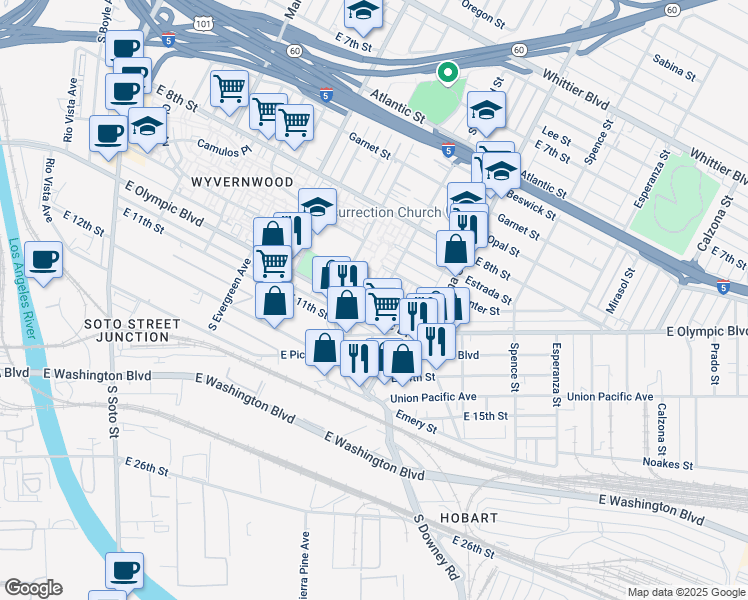 map of restaurants, bars, coffee shops, grocery stores, and more near 3237 East Olympic Boulevard in Los Angeles