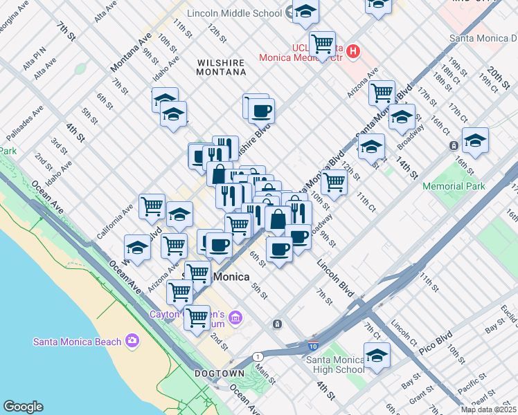 map of restaurants, bars, coffee shops, grocery stores, and more near 1334 Lincoln Boulevard in Santa Monica