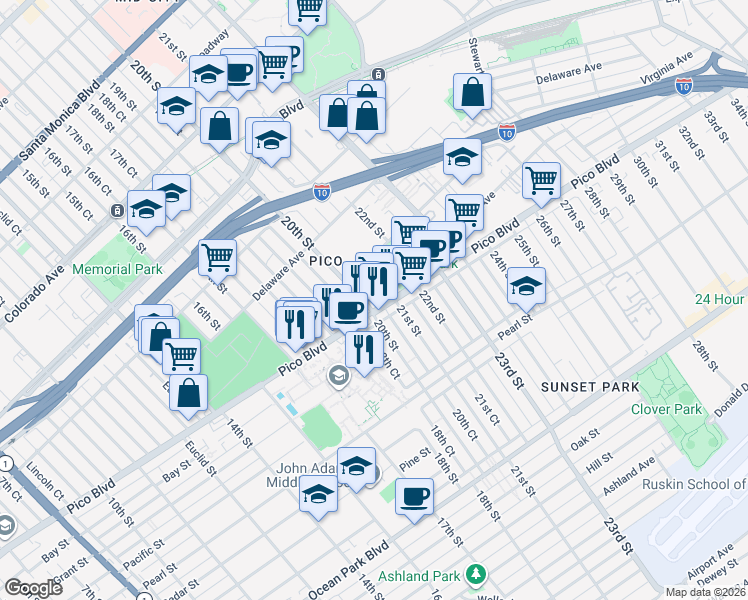 map of restaurants, bars, coffee shops, grocery stores, and more near 2029 20th Street in Santa Monica