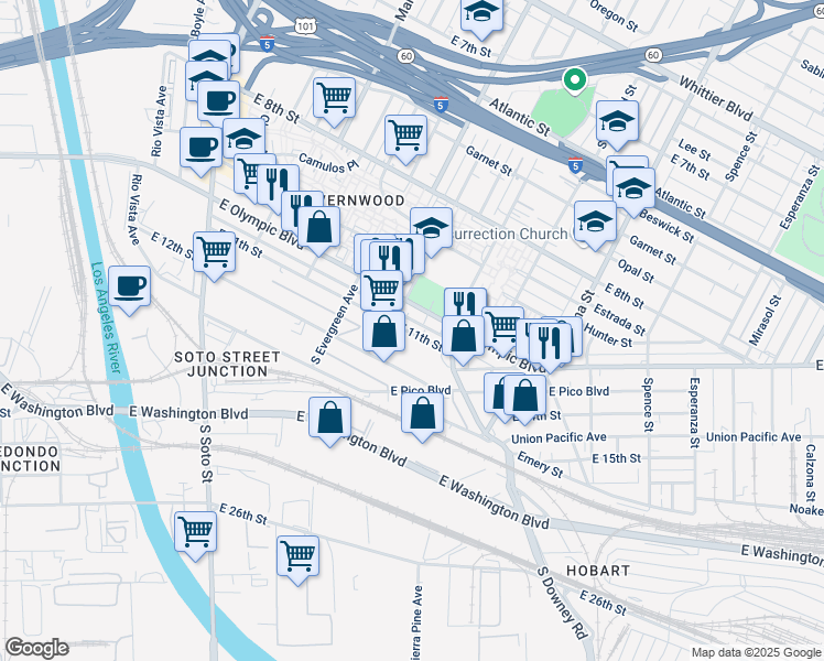 map of restaurants, bars, coffee shops, grocery stores, and more near 3113B East 11th Street in Los Angeles