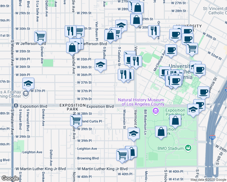 map of restaurants, bars, coffee shops, grocery stores, and more near 1205 West 37th Place in Los Angeles
