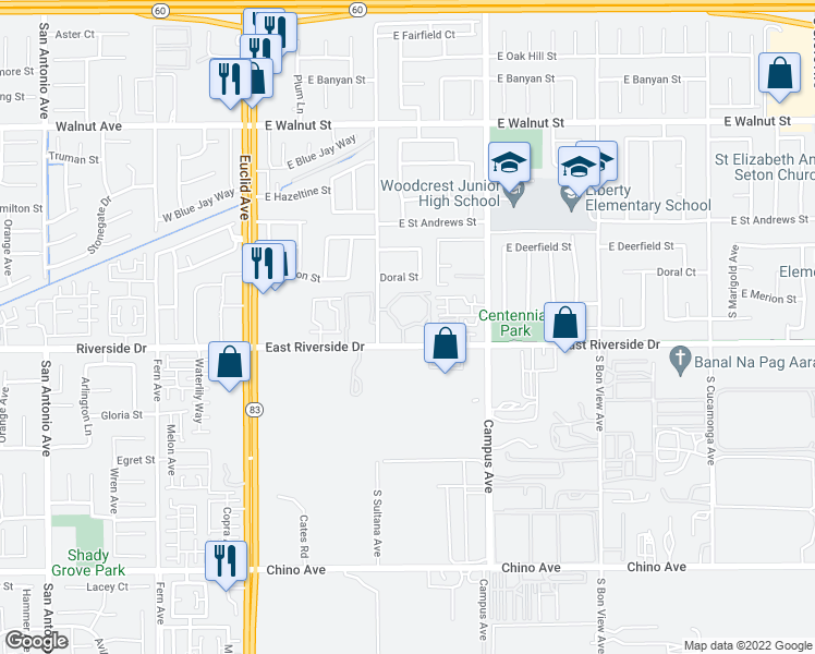 map of restaurants, bars, coffee shops, grocery stores, and more near 551 East Riverside Drive in Ontario