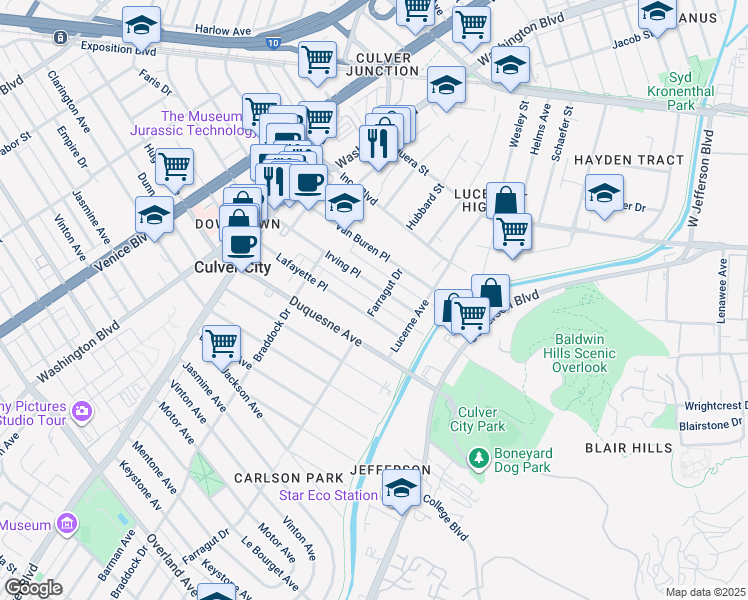 map of restaurants, bars, coffee shops, grocery stores, and more near 9627 Farragut Drive in Culver City