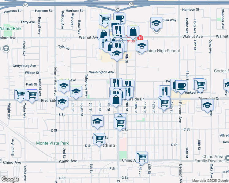 map of restaurants, bars, coffee shops, grocery stores, and more near 12848 Central Ave in Chino