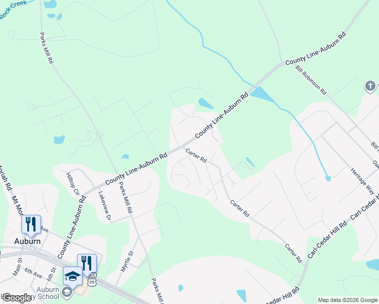 map of restaurants, bars, coffee shops, grocery stores, and more near 312 Carter Road in Auburn