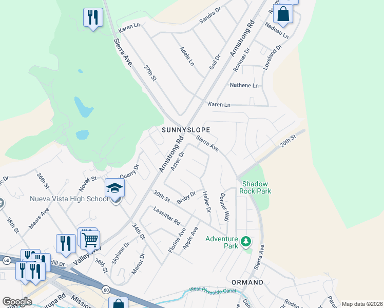 map of restaurants, bars, coffee shops, grocery stores, and more near 6721 Zuma Place in Riverside