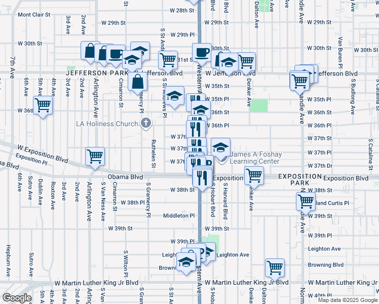 map of restaurants, bars, coffee shops, grocery stores, and more near 1726 West 37th Place in Los Angeles