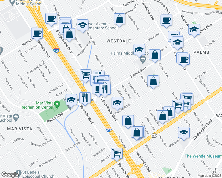 map of restaurants, bars, coffee shops, grocery stores, and more near 3506 Palms Boulevard in Los Angeles