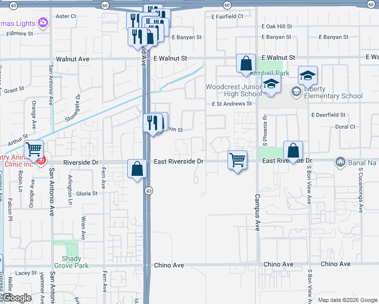 map of restaurants, bars, coffee shops, grocery stores, and more near 451 East Riverside Drive in Ontario